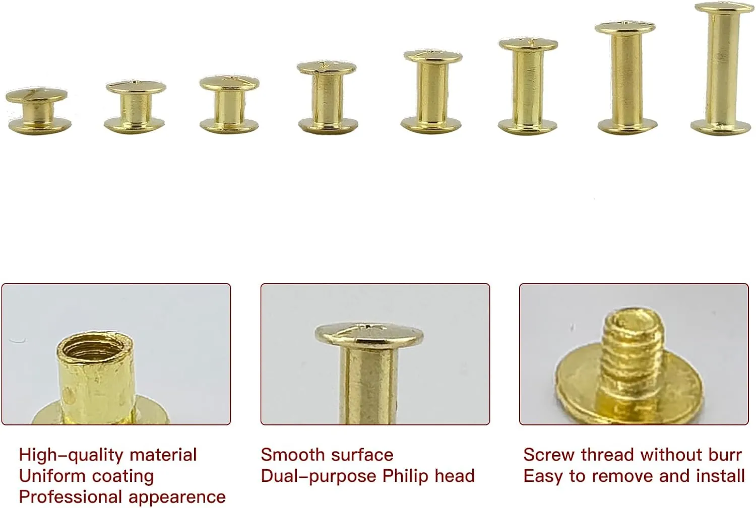 110 Sets Golden Chicago Screws Assorted Kit,8 Sizes of Round Flat Head Leather Rivets Metal Screw,Used for Leather Crafts, Clothing, Shoes, Belts, Bags, and Custom-Made Items