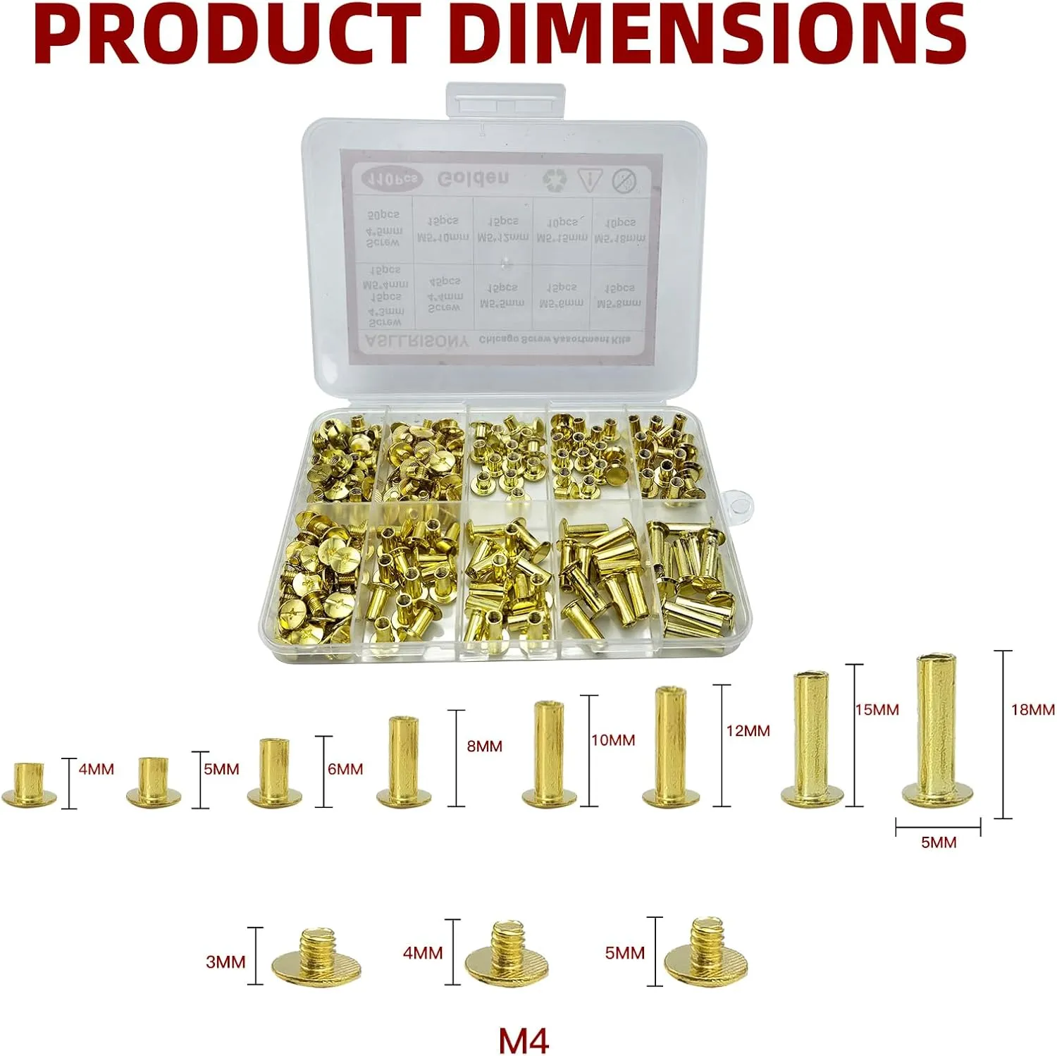 110 Sets Golden Chicago Screws Assorted Kit,8 Sizes of Round Flat Head Leather Rivets Metal Screw,Used for Leather Crafts, Clothing, Shoes, Belts, Bags, and Custom-Made Items