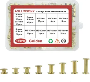 110 Sets Golden Chicago Screws Assorted Kit,8 Sizes of Round Flat Head Leather Rivets Metal Screw,Used for Leather Crafts, Clothing, Shoes, Belts, Bags, and Custom-Made Items