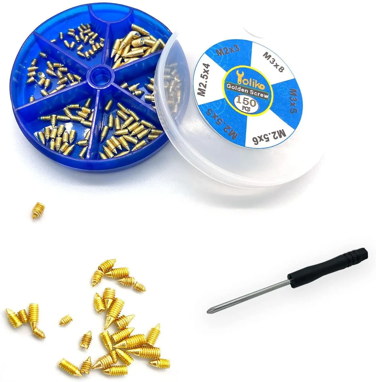 150 Pcs Nickel Plated Tip Screws for Leather Accessories - 6 Sizes Belt Screws Include M23, M2.54, M2.55, M2.56, M35, M38 With 2mm Screwdriver for Belt Buckle, Wallet, Handbag, Purse - Gold