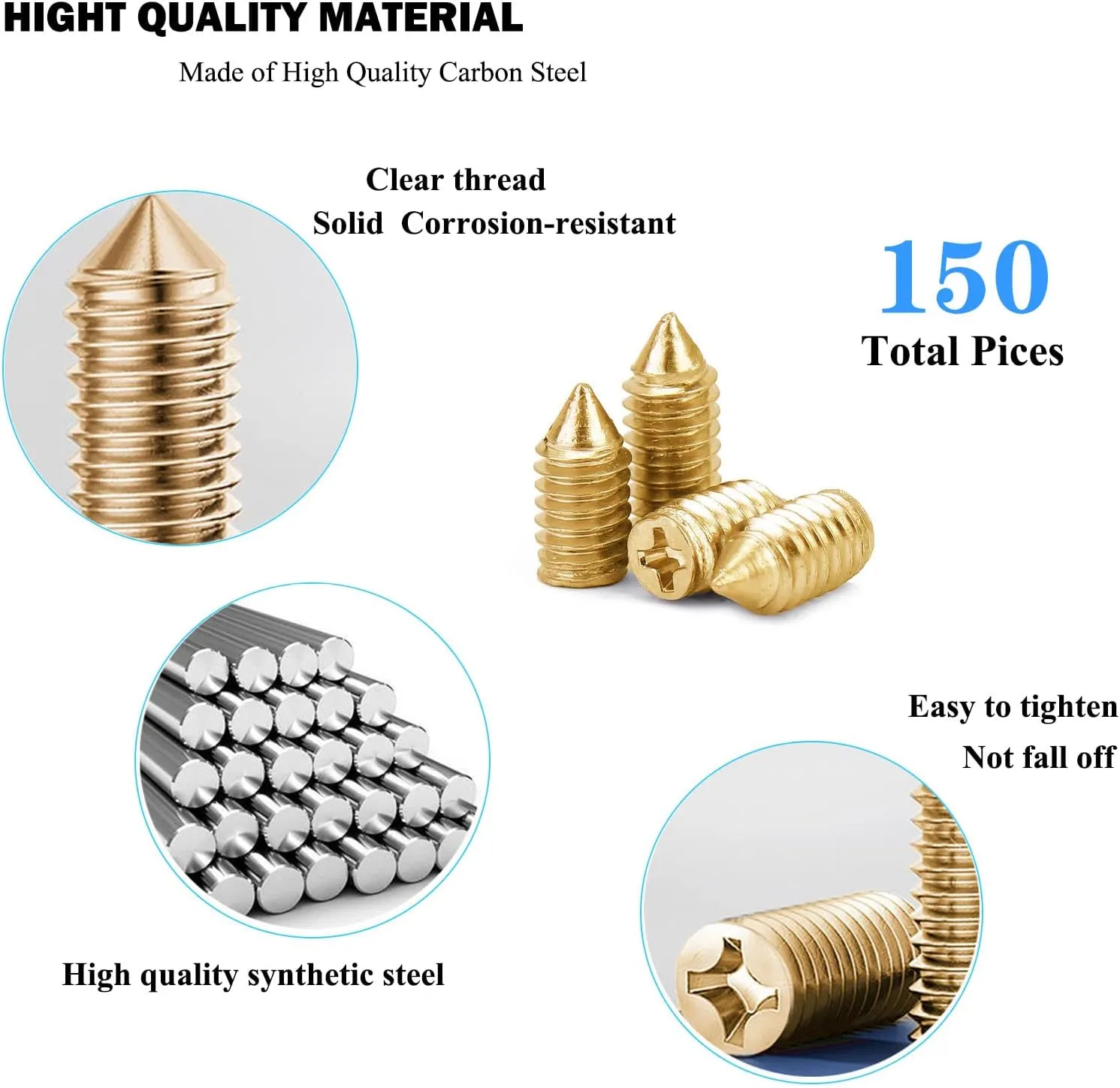 150 Pcs Nickel Plated Tip Screws for Leather Accessories - 6 Sizes Belt Screws Include M23, M2.54, M2.55, M2.56, M35, M38 With 2mm Screwdriver for Belt Buckle, Wallet, Handbag, Purse - Gold