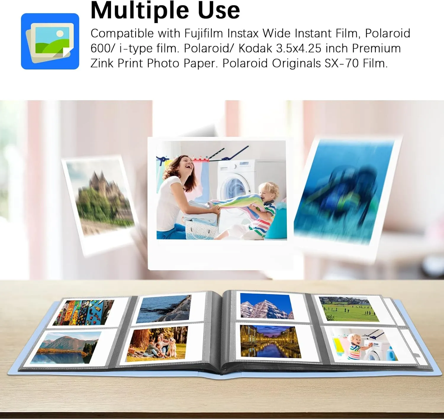 160 Pockets Photo Album for Fujifilm Instax Wide 300 Camera, for Polaroid 600 Photo Album, Albums for Polaroid Now  Now OneStep2 OneStep  600 Instant Film Camera, POP Lab Instant Print Camera (Blue)