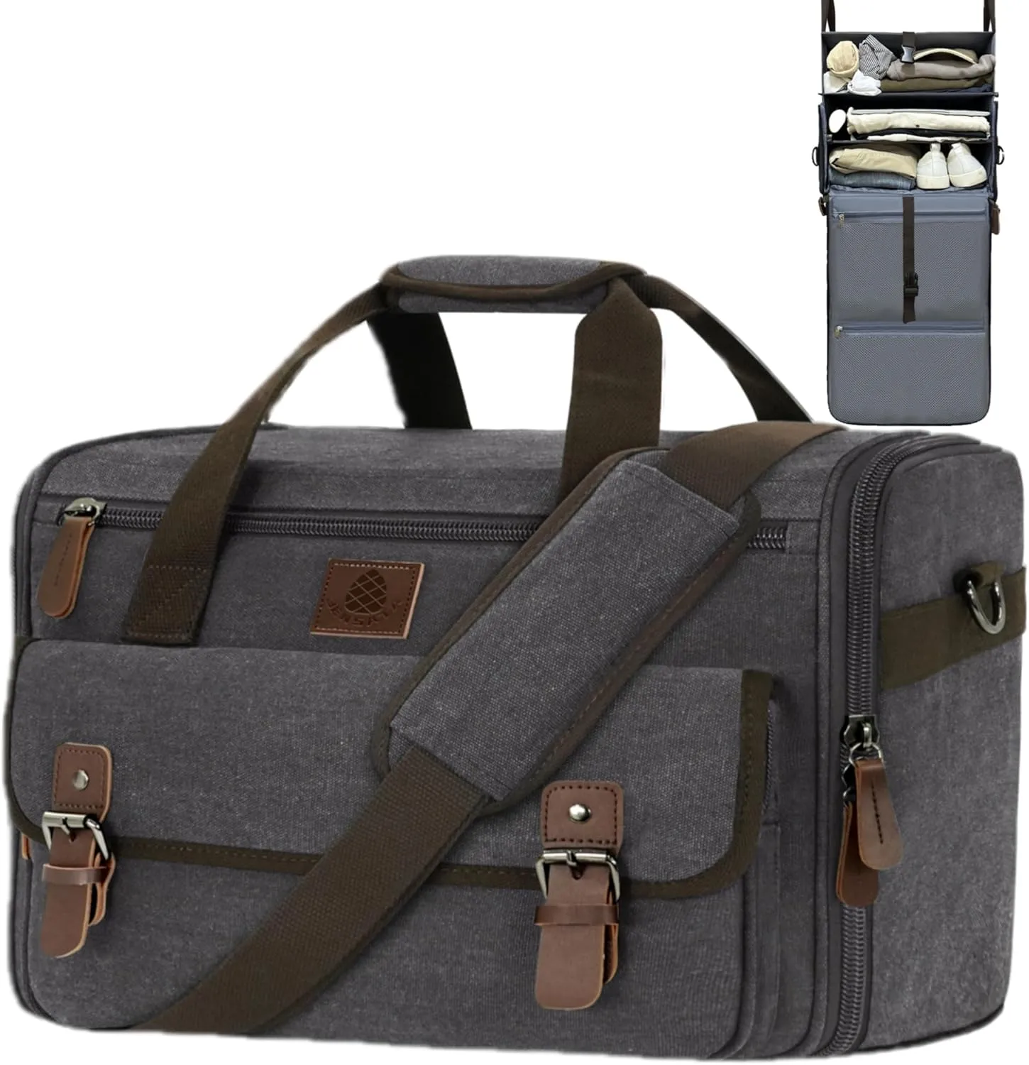 2-in-1 Hanging Canvas Mens Travel Duffle Bag - 3 Shelves, Ideal Carry-On Weekender Overnight Bag