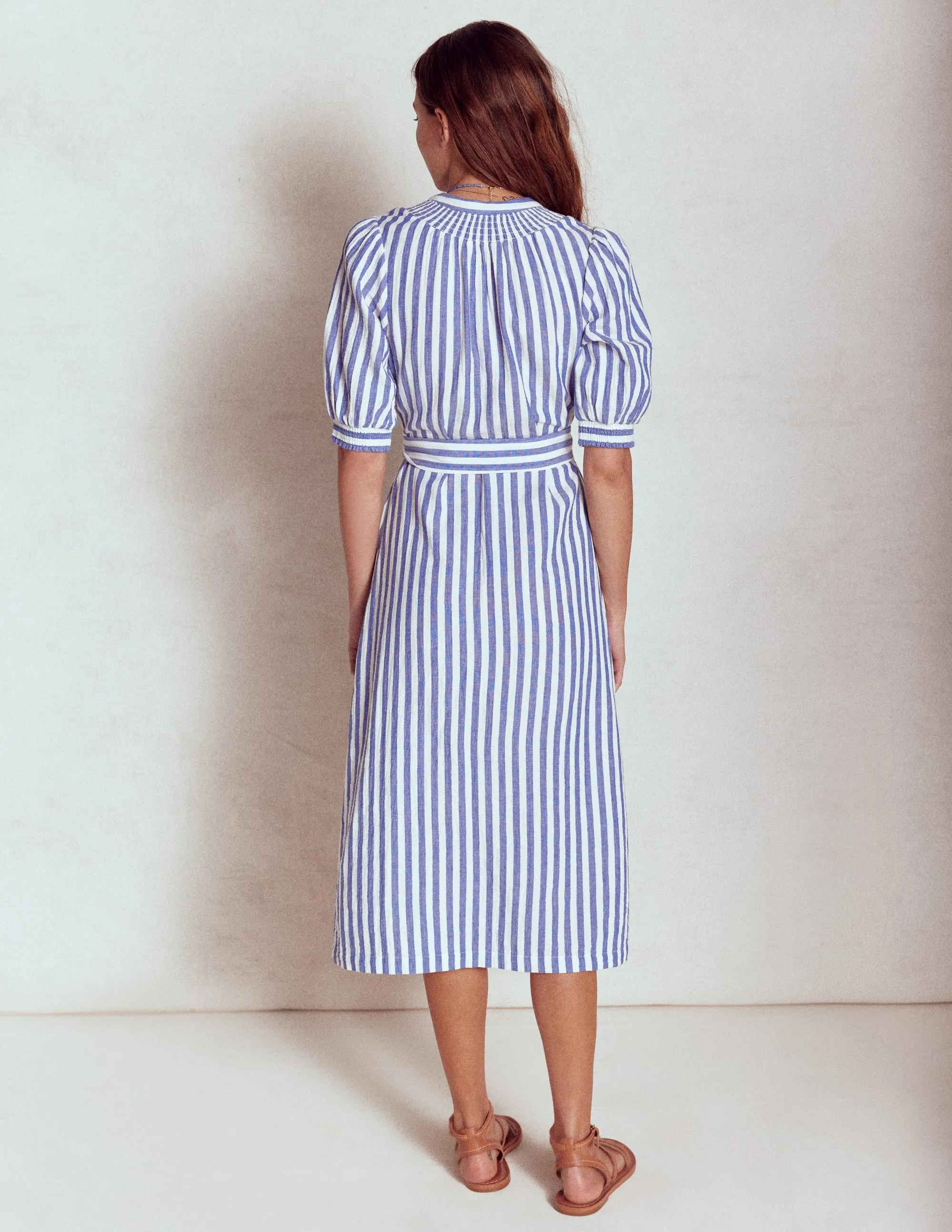 Ada Double Cloth Midi Dress-Bright Blue Stripe
