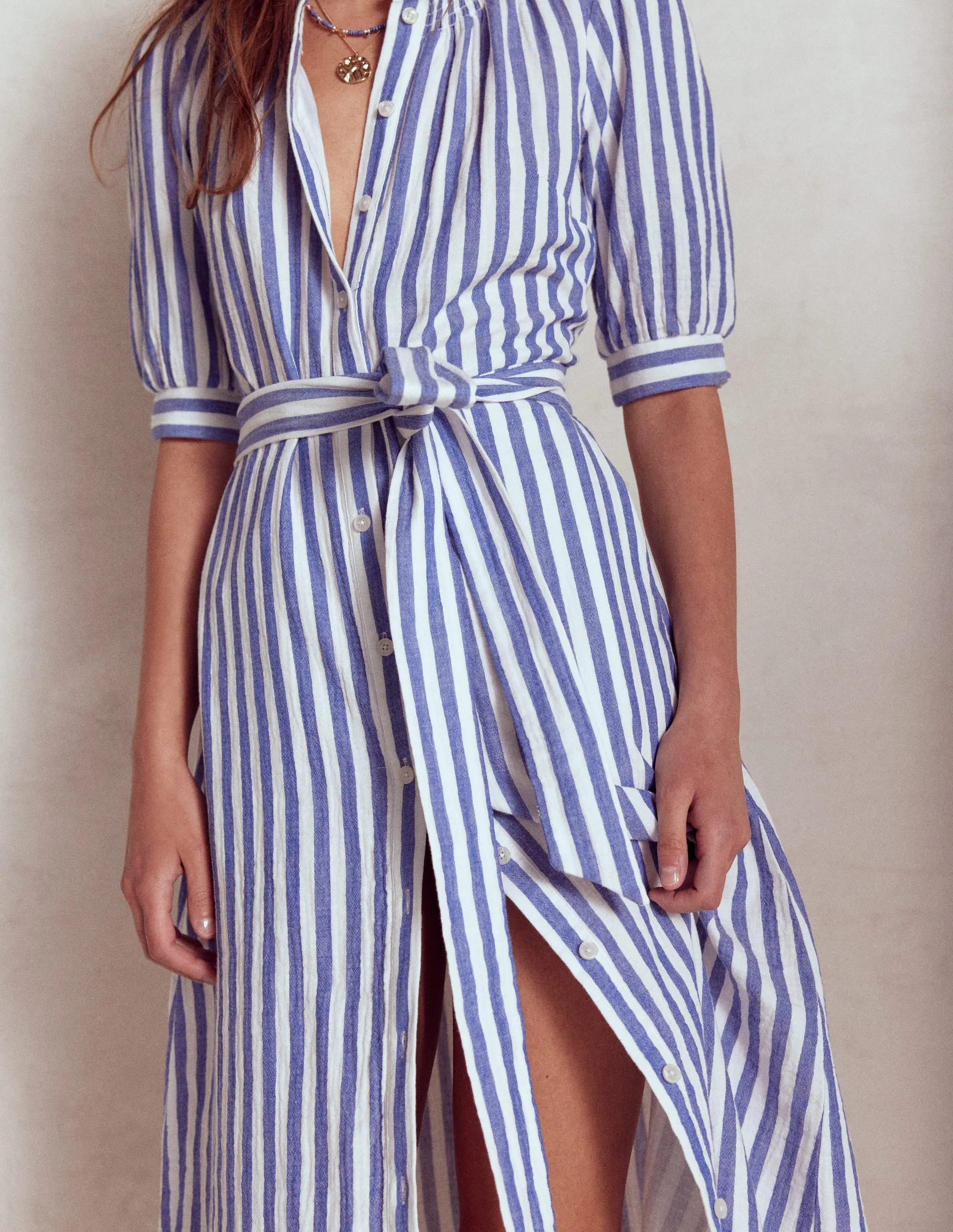 Ada Double Cloth Midi Dress-Bright Blue Stripe