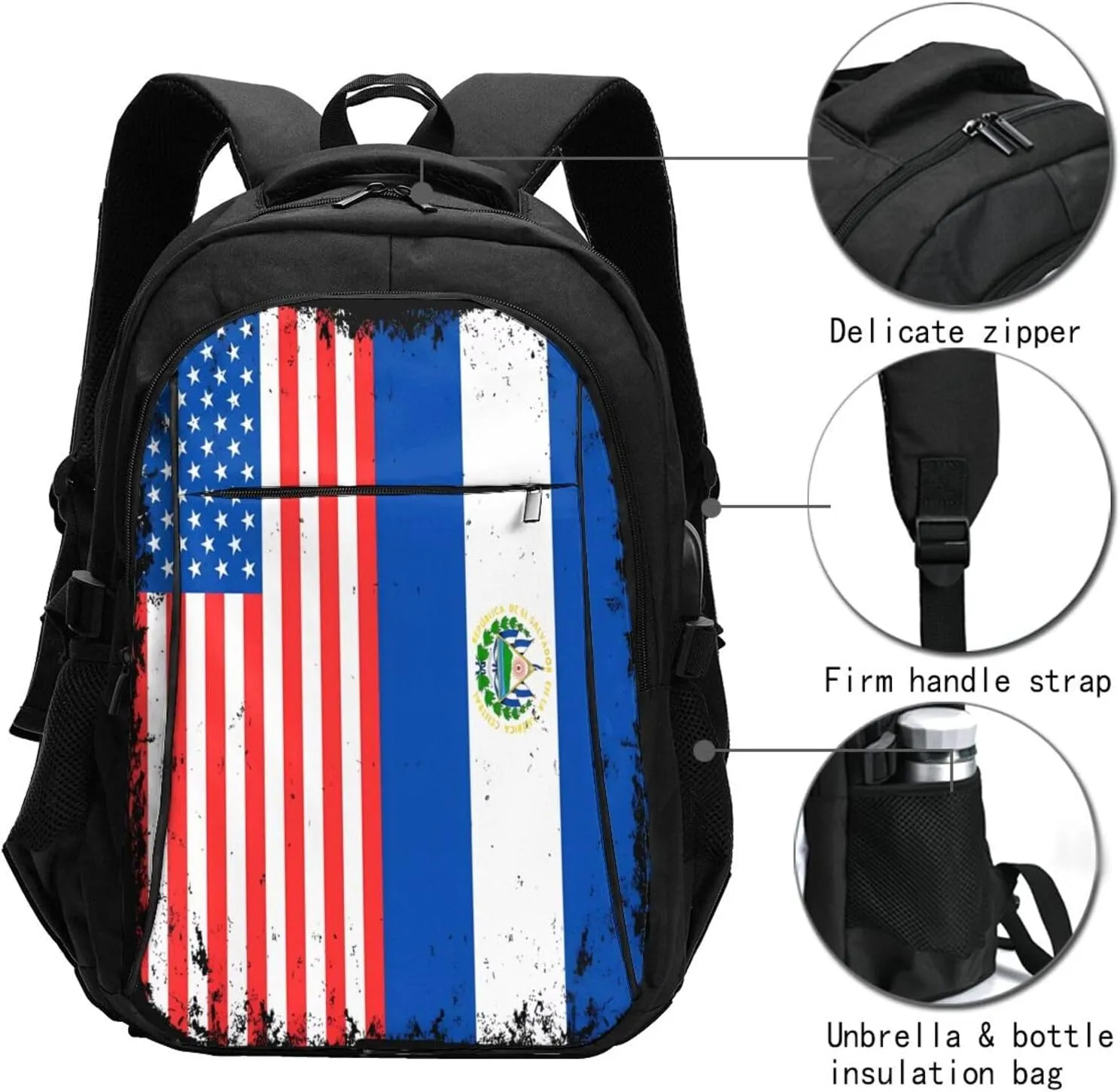 American Salvadorian Flag Salvadoreos Roots Business Laptop Backpack Travel Backpacks Outdoor Rucksack Large Bag Daypack with USB Charging Port Multi-Pocket for Hiking Camping