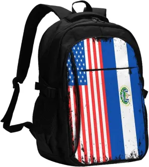 American Salvadorian Flag Salvadoreos Roots Business Laptop Backpack Travel Backpacks Outdoor Rucksack Large Bag Daypack with USB Charging Port Multi-Pocket for Hiking Camping