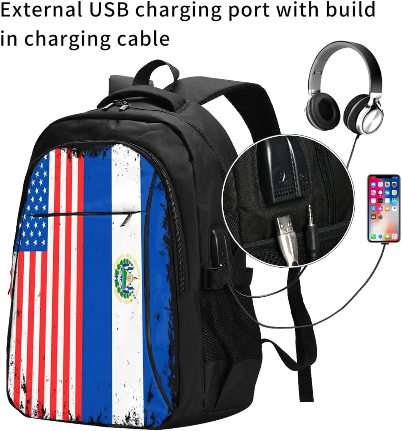 American Salvadorian Flag Salvadoreos Roots Business Laptop Backpack Travel Backpacks Outdoor Rucksack Large Bag Daypack with USB Charging Port Multi-Pocket for Hiking Camping