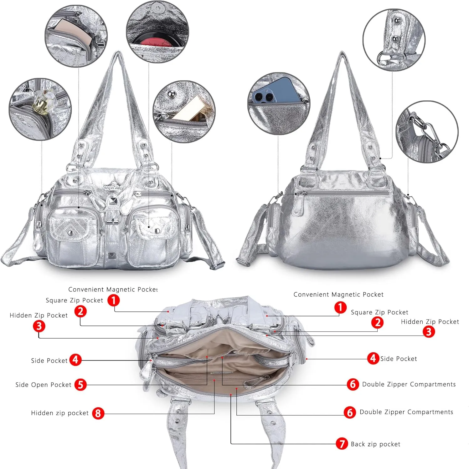 Angel Kiss Hobo Crossbody Purses for Women Shoulder Bag Multipocket Soft Hobo Purses Removable Strap Leather Handbags