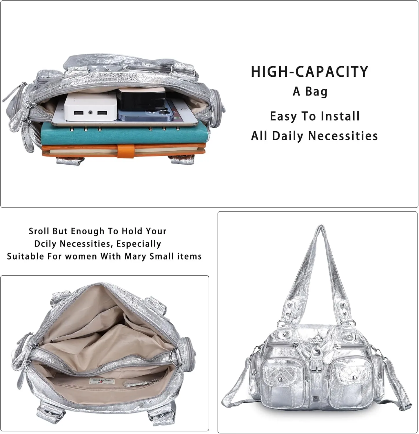 Angel Kiss Hobo Crossbody Purses for Women Shoulder Bag Multipocket Soft Hobo Purses Removable Strap Leather Handbags