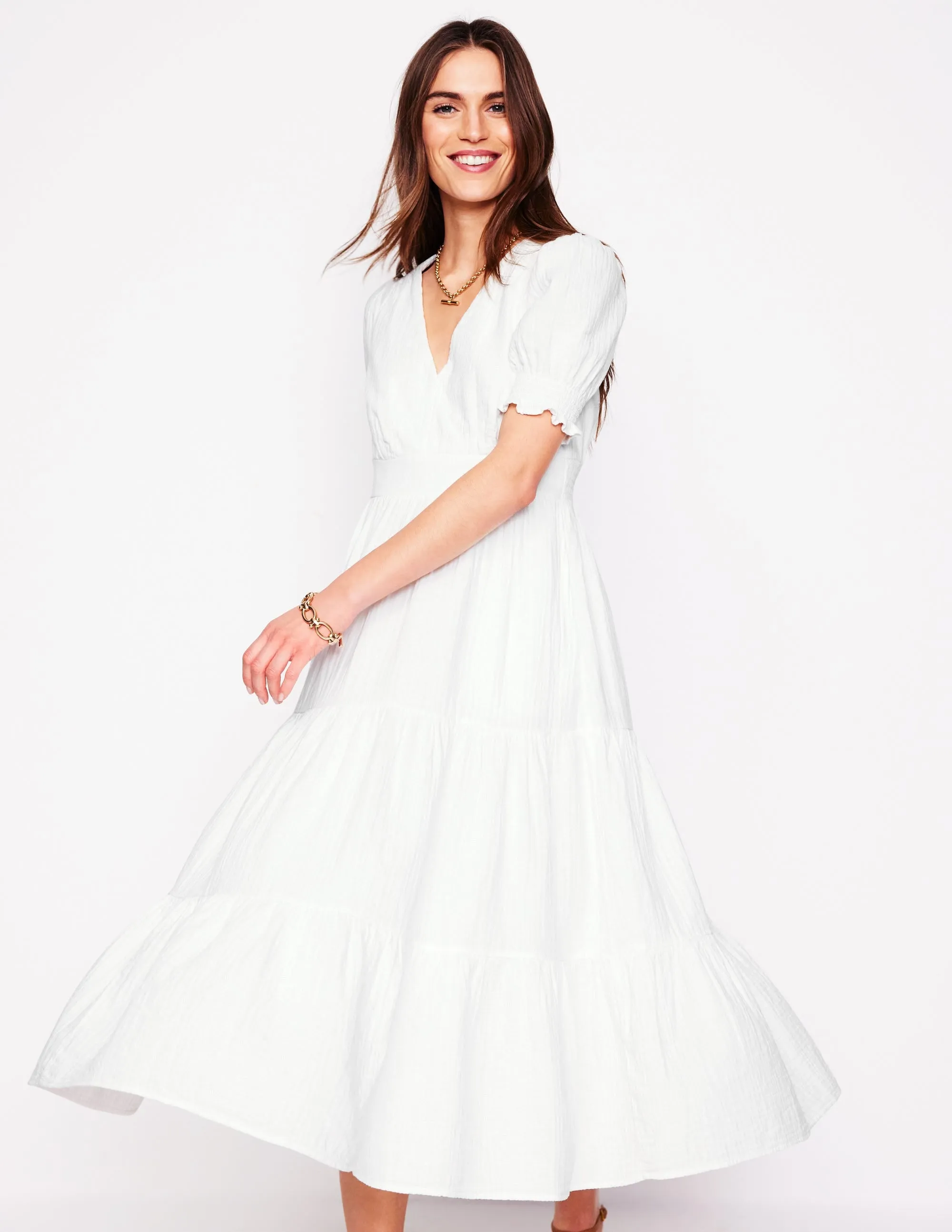 Anna Double Cloth Midi Dress-White