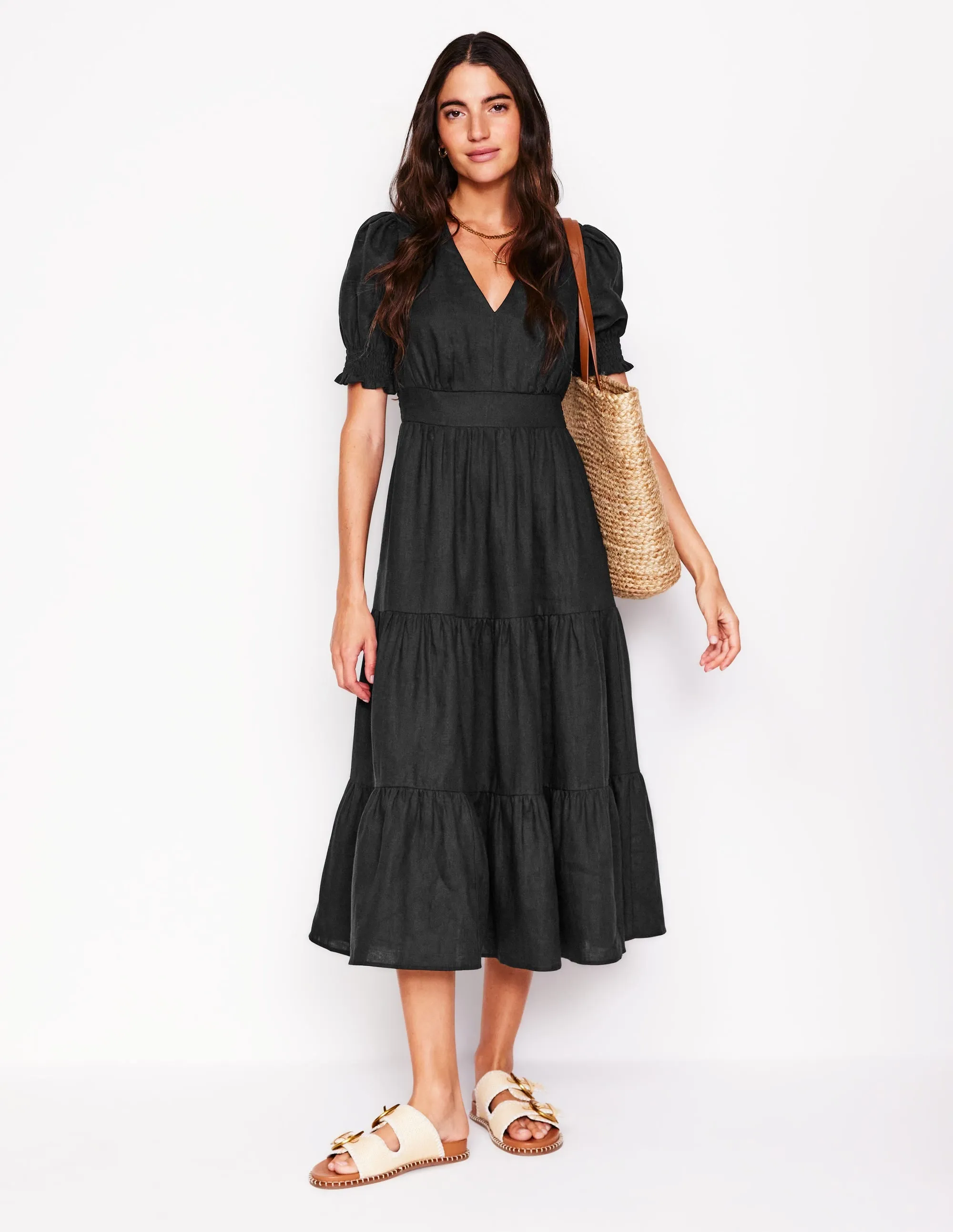 Anna Linen Tiered Midi Dress-Black
