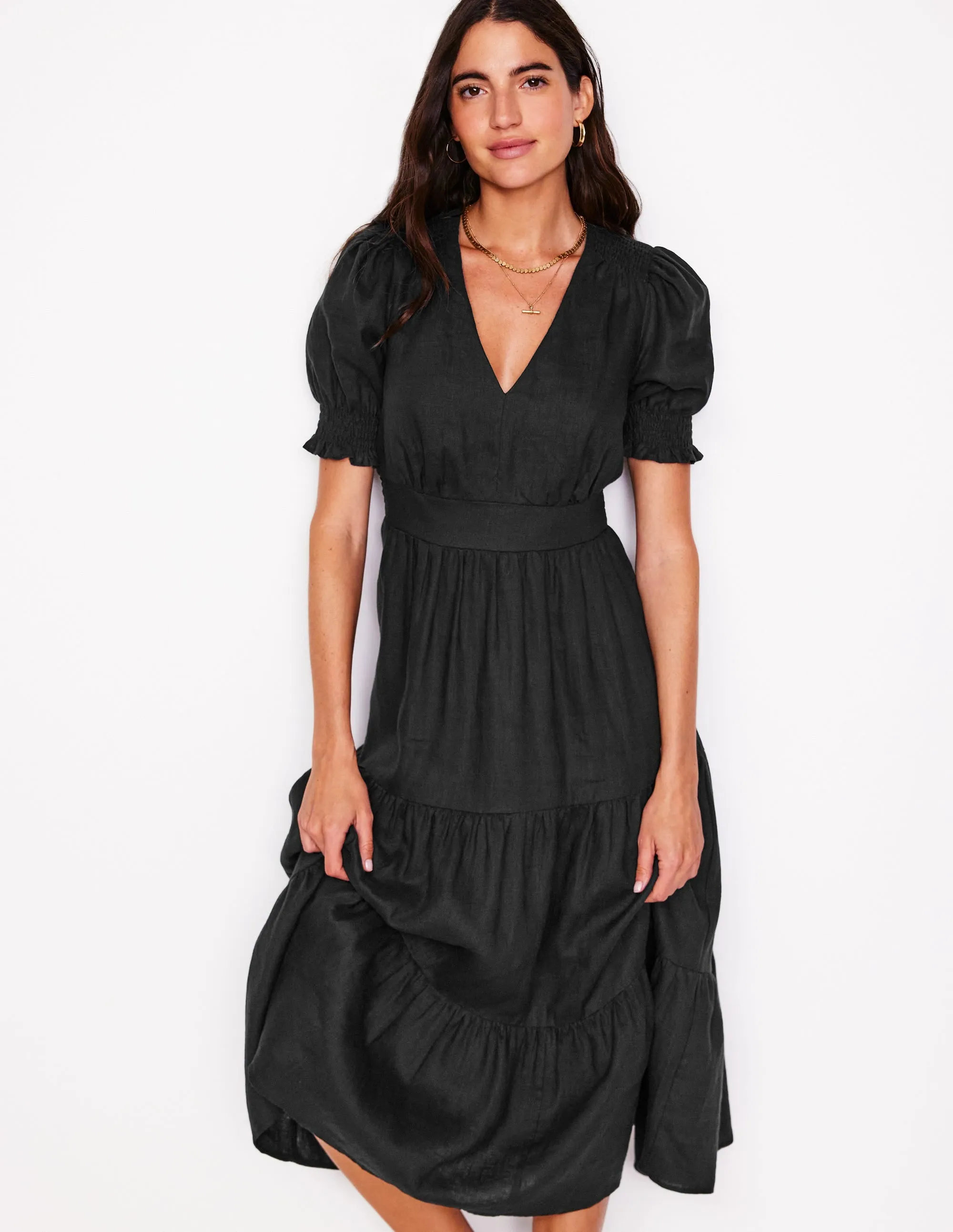 Anna Linen Tiered Midi Dress-Black