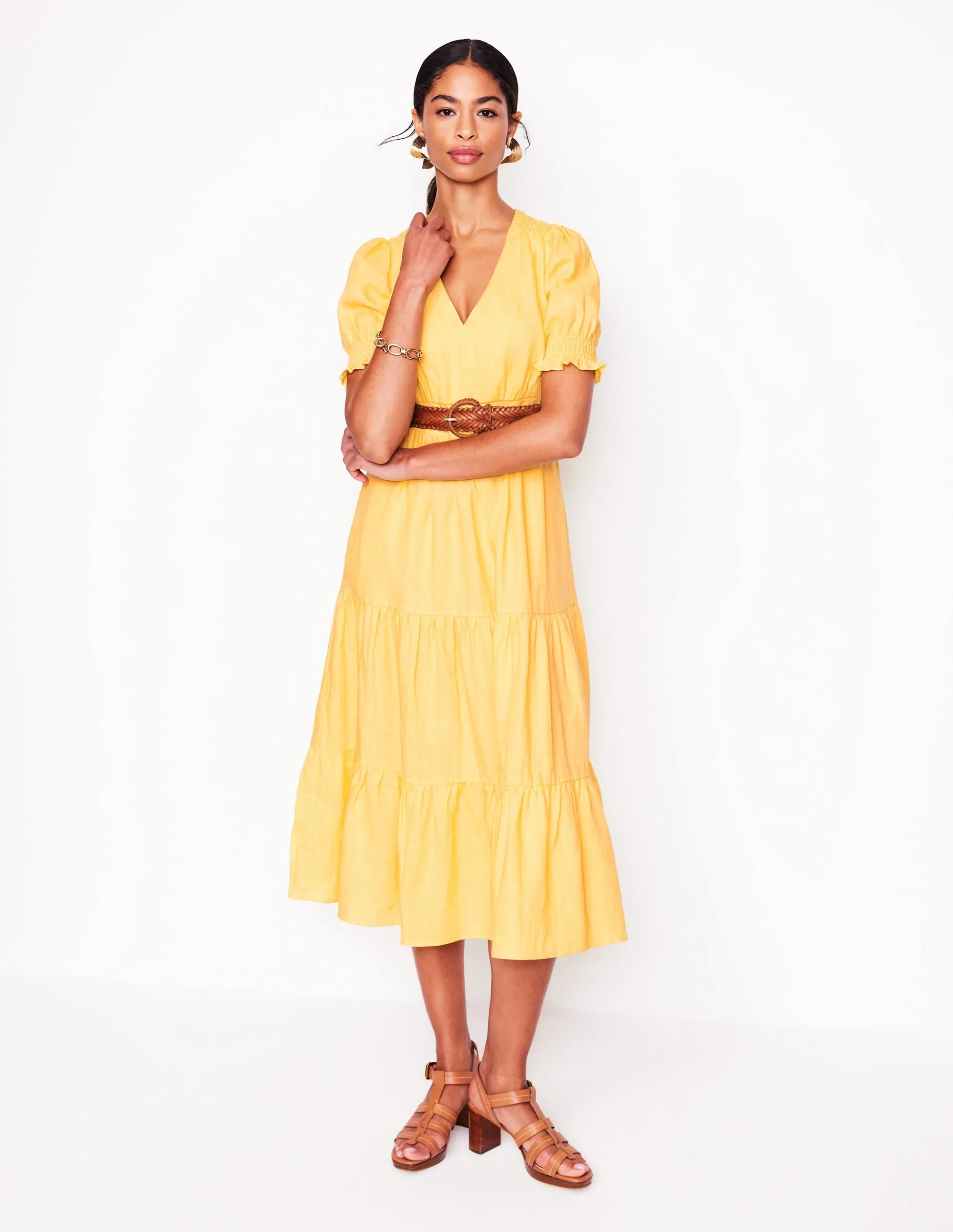 Anna Linen Tiered Midi Dress-Buttermilk Yellow