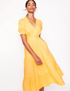 Anna Linen Tiered Midi Dress-Buttermilk Yellow