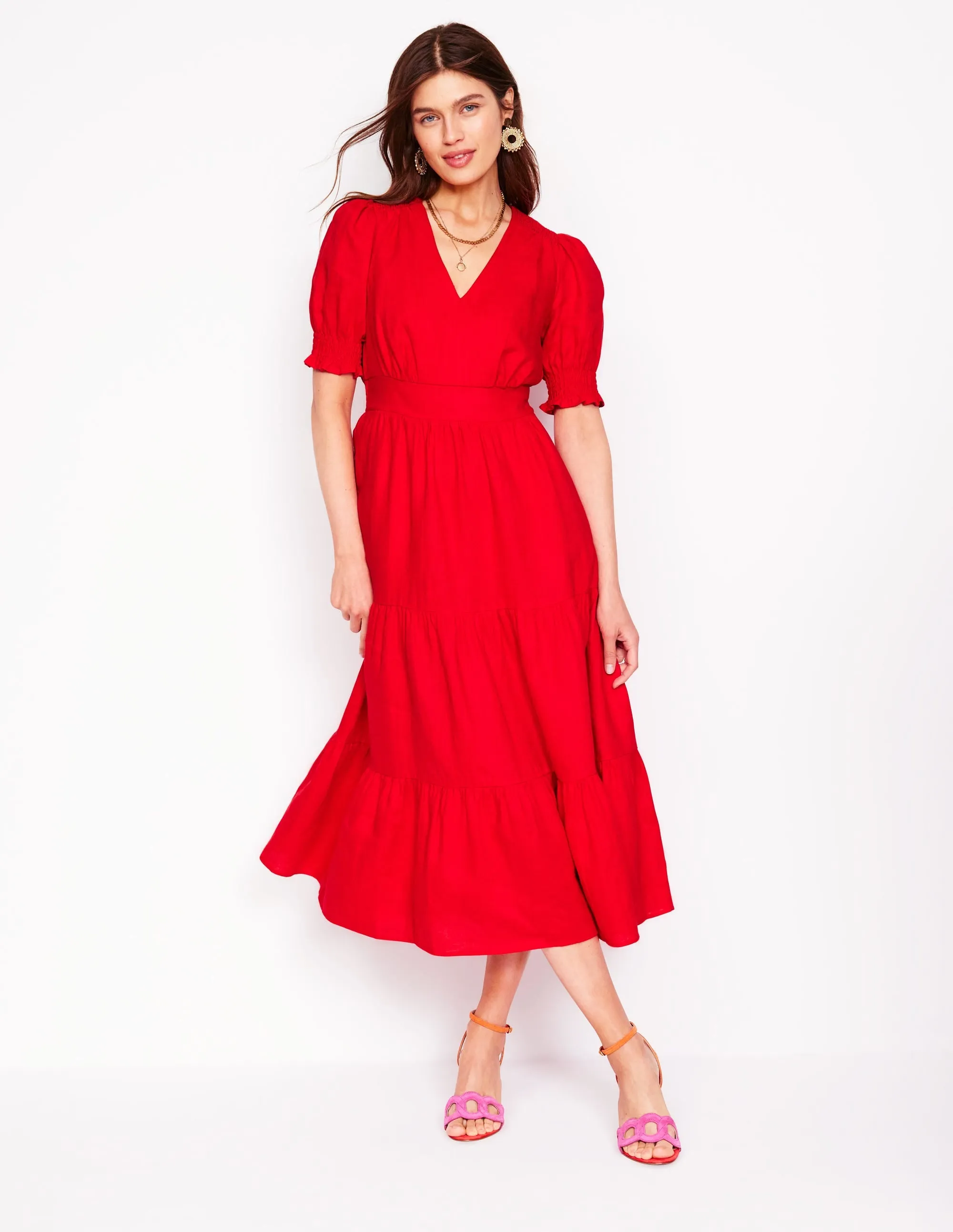 Anna Linen Tiered Midi Dress-Poppy Red