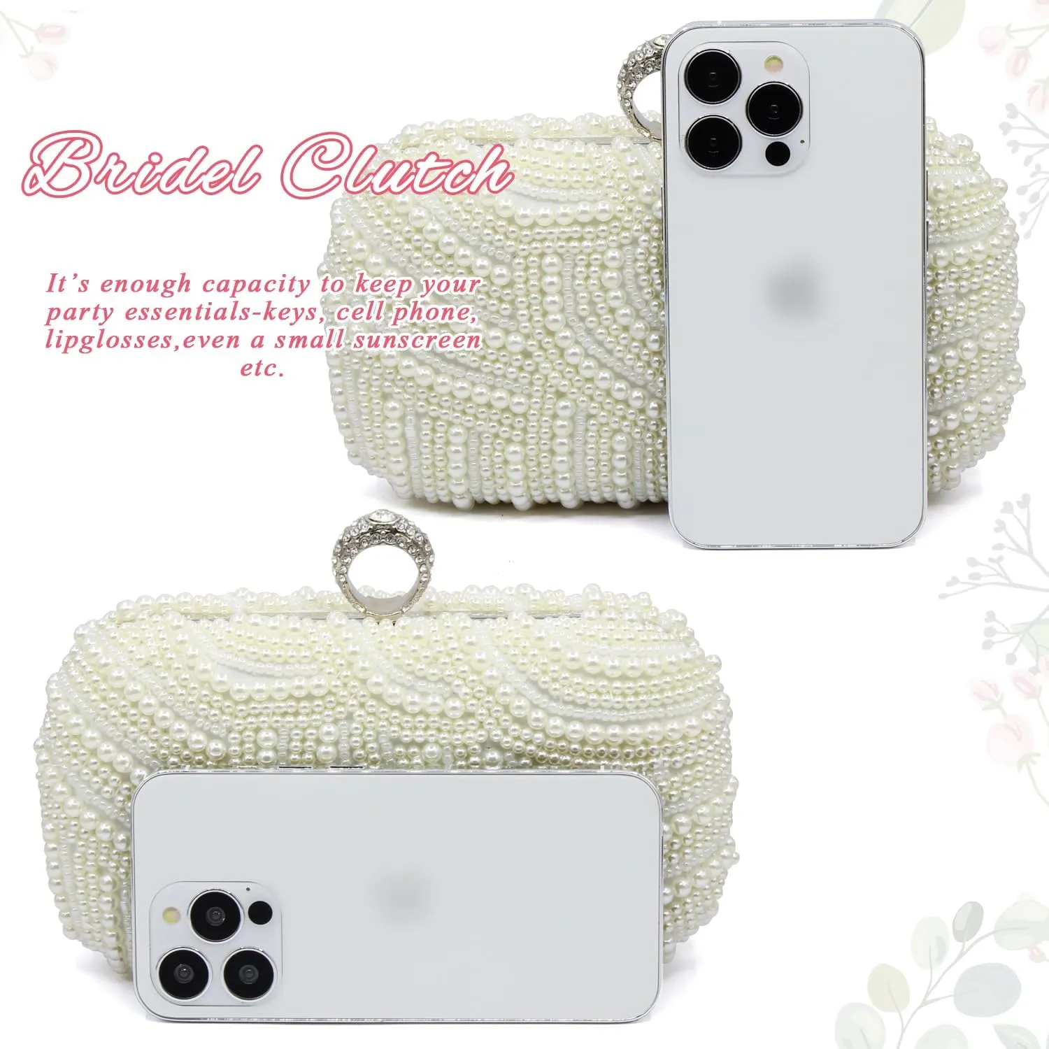Aovtero Pearl Clutch Bag Bride Purse Women Wedding Prom Evening Bags Full Beaded Handbag with Chain