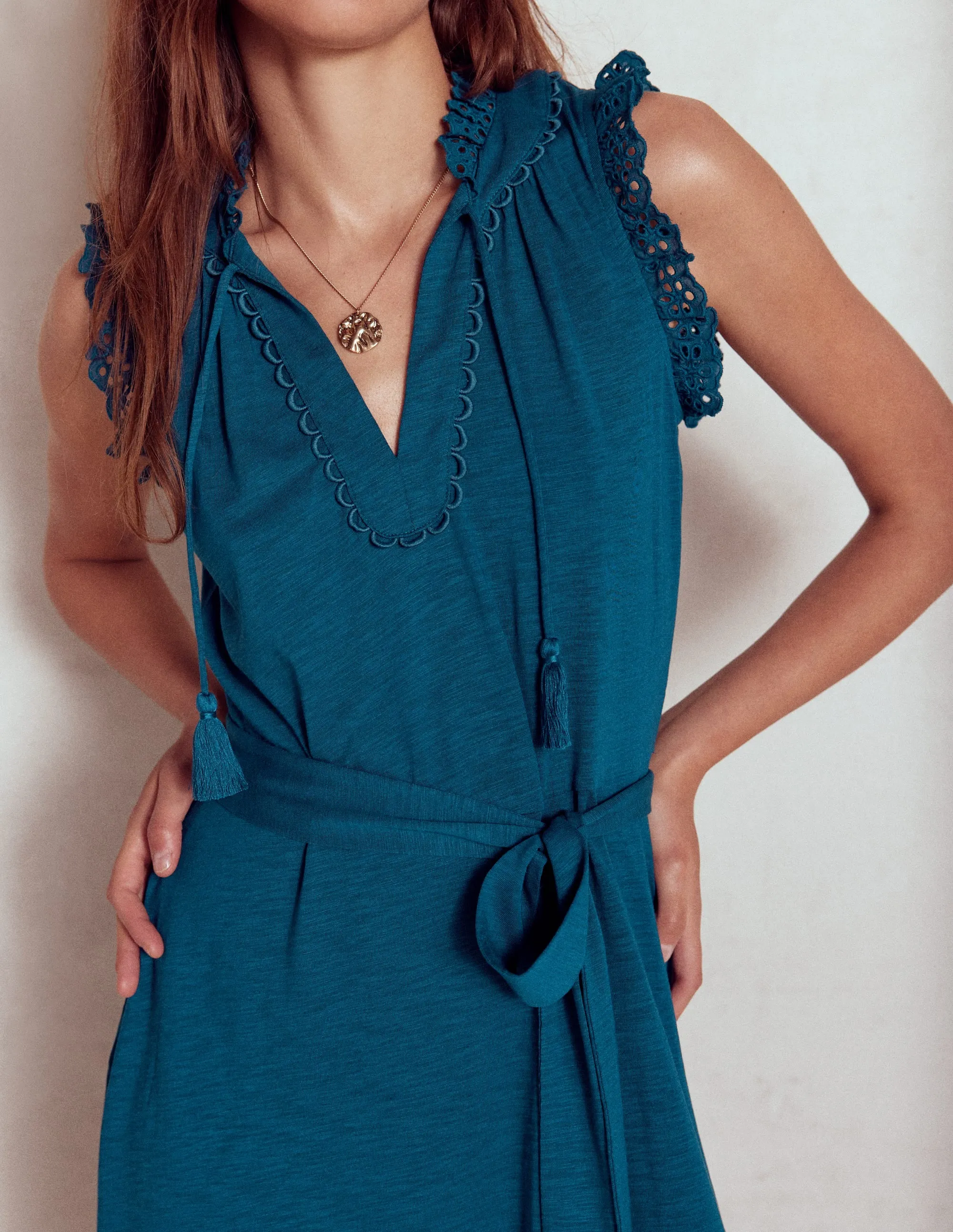 Aria Broderie Trim Midi Dress-Harbour Blue