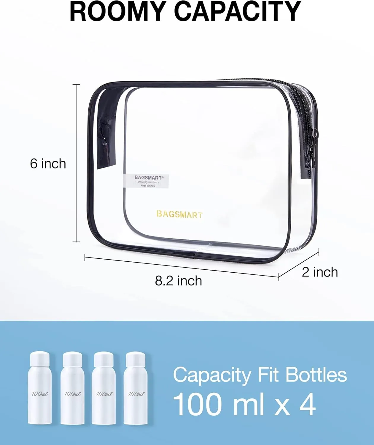 BAGSMART Clear Toiletry Bag, 2 Packs TSA Approved Water Resistant Quart Size Travel Organizer, Airport Airline Travel Essential Carry On Makeup Cosmetic Bags for Women, White