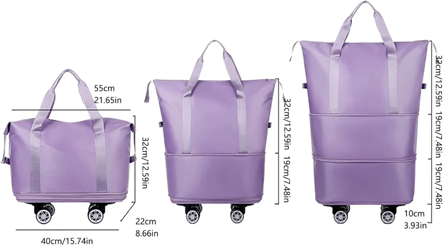 Beente Travel Bag with Wheels,Large Capacity Travel Bag, Rolling Tote Bag withWheels, Universal Wheel Removable (Dark Purple)