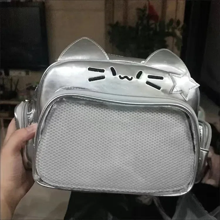 binfenxie Ita Bag Cool Y2k Aesthetic Travel Bags All Match Kawaii Cartoon Cat Schoolbags Sweet Preppy Japanese Transparent Backpacks Women