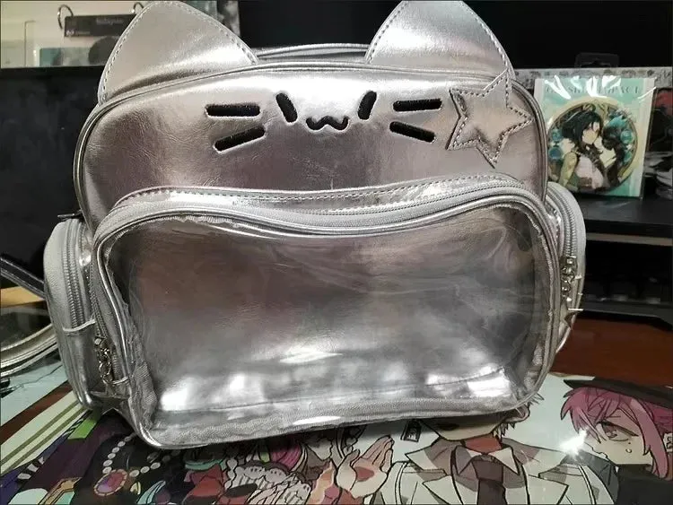 binfenxie Ita Bag Cool Y2k Aesthetic Travel Bags All Match Kawaii Cartoon Cat Schoolbags Sweet Preppy Japanese Transparent Backpacks Women
