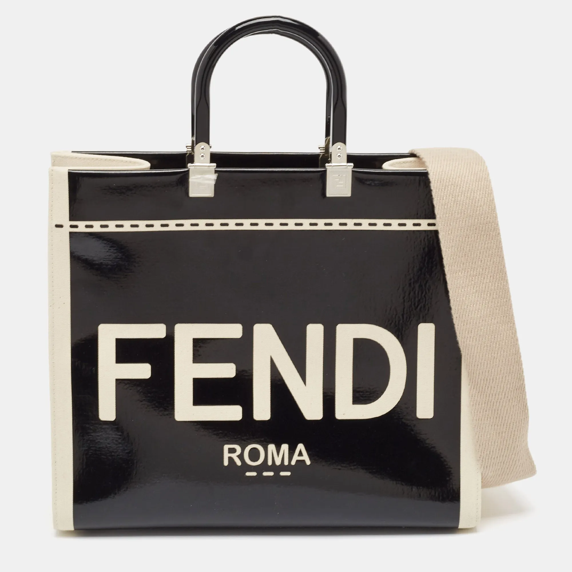 Black/Off White Canvas and Patent Leather Medium Sunshine Shopper Tote