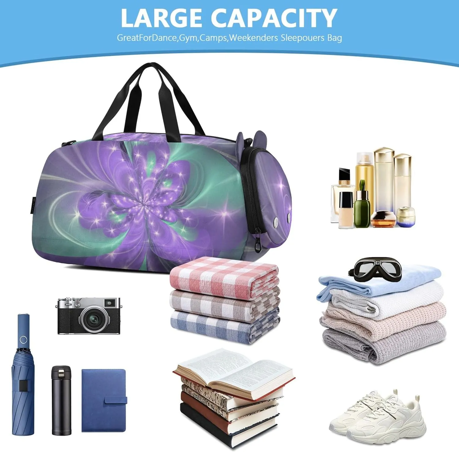 Carry on Duffel Bag Boy Purple Flower Stars Weekend Duffel Overnight Travel Duffle Bags Girls Tote Gym Kids Luggage