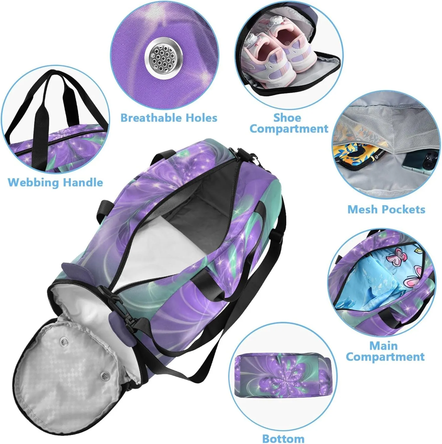 Carry on Duffel Bag Boy Purple Flower Stars Weekend Duffel Overnight Travel Duffle Bags Girls Tote Gym Kids Luggage