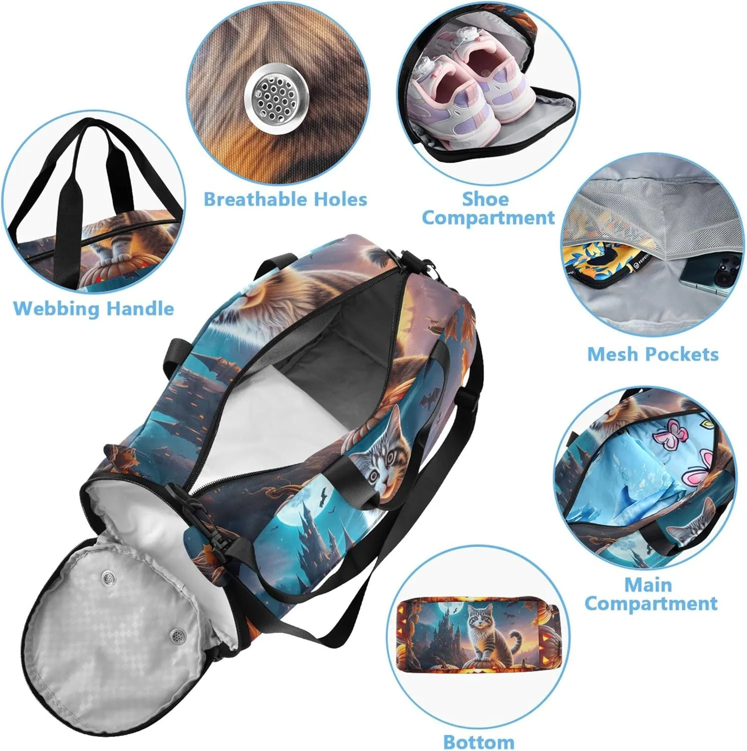 Carry on Duffel Bag Boy Toddler Weekender Bags Duffle Bags for Traveling Tote with Shoulder Strap Cat Pumpkin Castle Moon