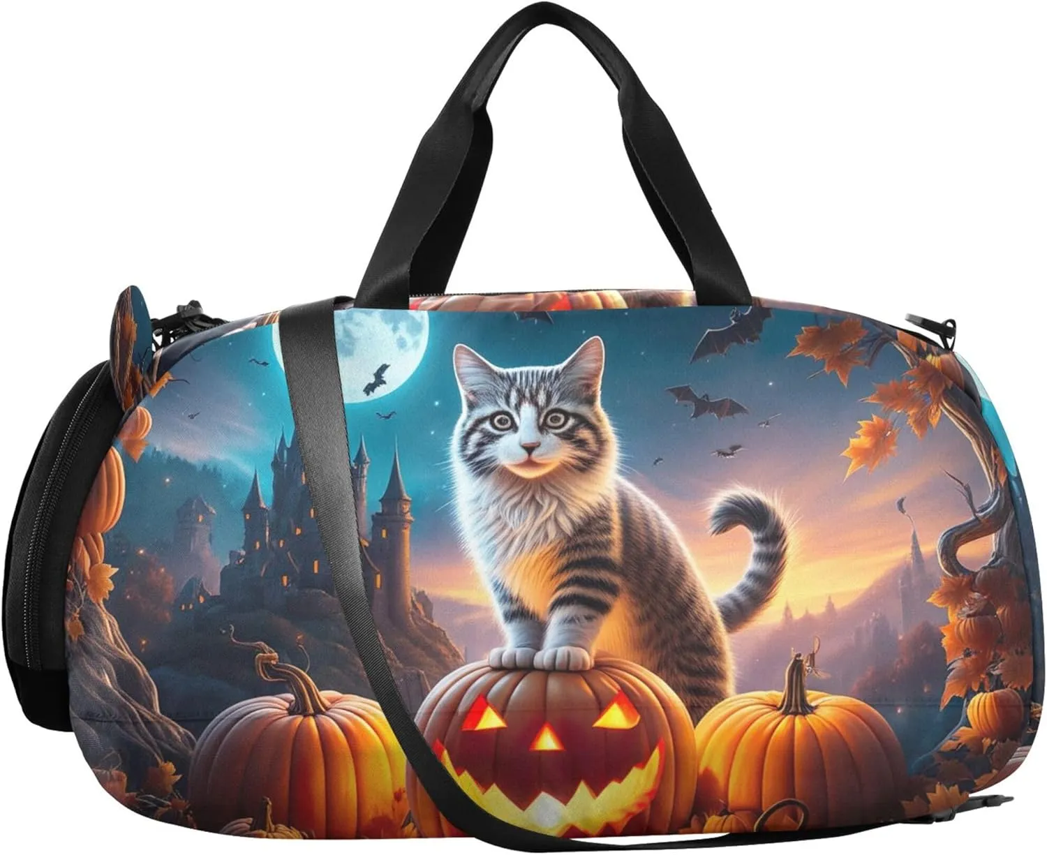 Carry on Duffel Bag Boy Toddler Weekender Bags Duffle Bags for Traveling Tote with Shoulder Strap Cat Pumpkin Castle Moon