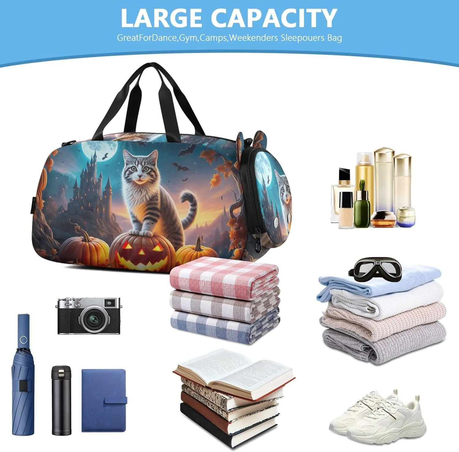 Carry on Duffel Bag Boy Toddler Weekender Bags Duffle Bags for Traveling Tote with Shoulder Strap Cat Pumpkin Castle Moon
