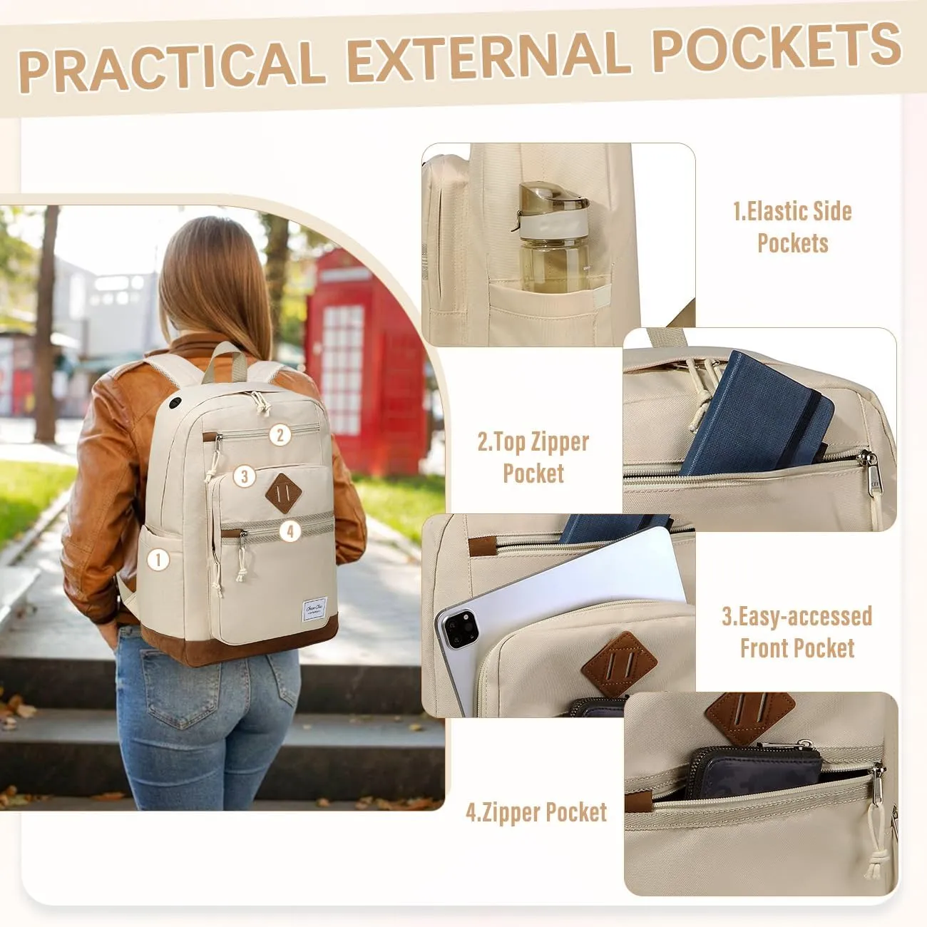 Chase Chic School Backpack for Men Women,Water Resistant Bookbag/Schoolbag/Daypack for Teen Boys Girls High School,College,Work,Travel Beige