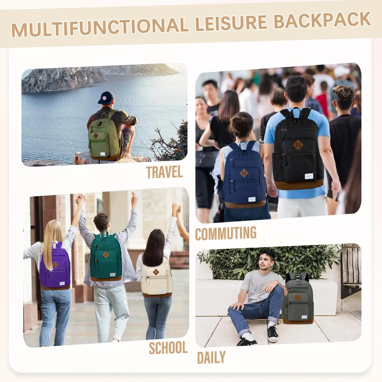 Chase Chic School Backpack for Men Women,Water Resistant Bookbag/Schoolbag/Daypack for Teen Boys Girls High School,College,Work,Travel Beige