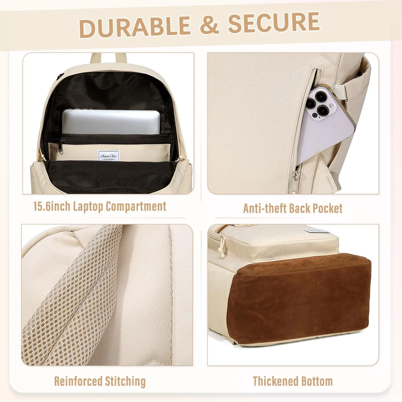 Chase Chic School Backpack for Men Women,Water Resistant Bookbag/Schoolbag/Daypack for Teen Boys Girls High School,College,Work,Travel Beige