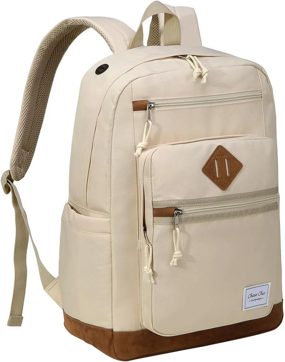 Chase Chic School Backpack for Men Women,Water Resistant Bookbag/Schoolbag/Daypack for Teen Boys Girls High School,College,Work,Travel Beige