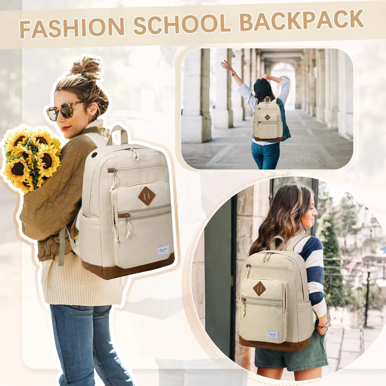 Chase Chic School Backpack for Men Women,Water Resistant Bookbag/Schoolbag/Daypack for Teen Boys Girls High School,College,Work,Travel Beige
