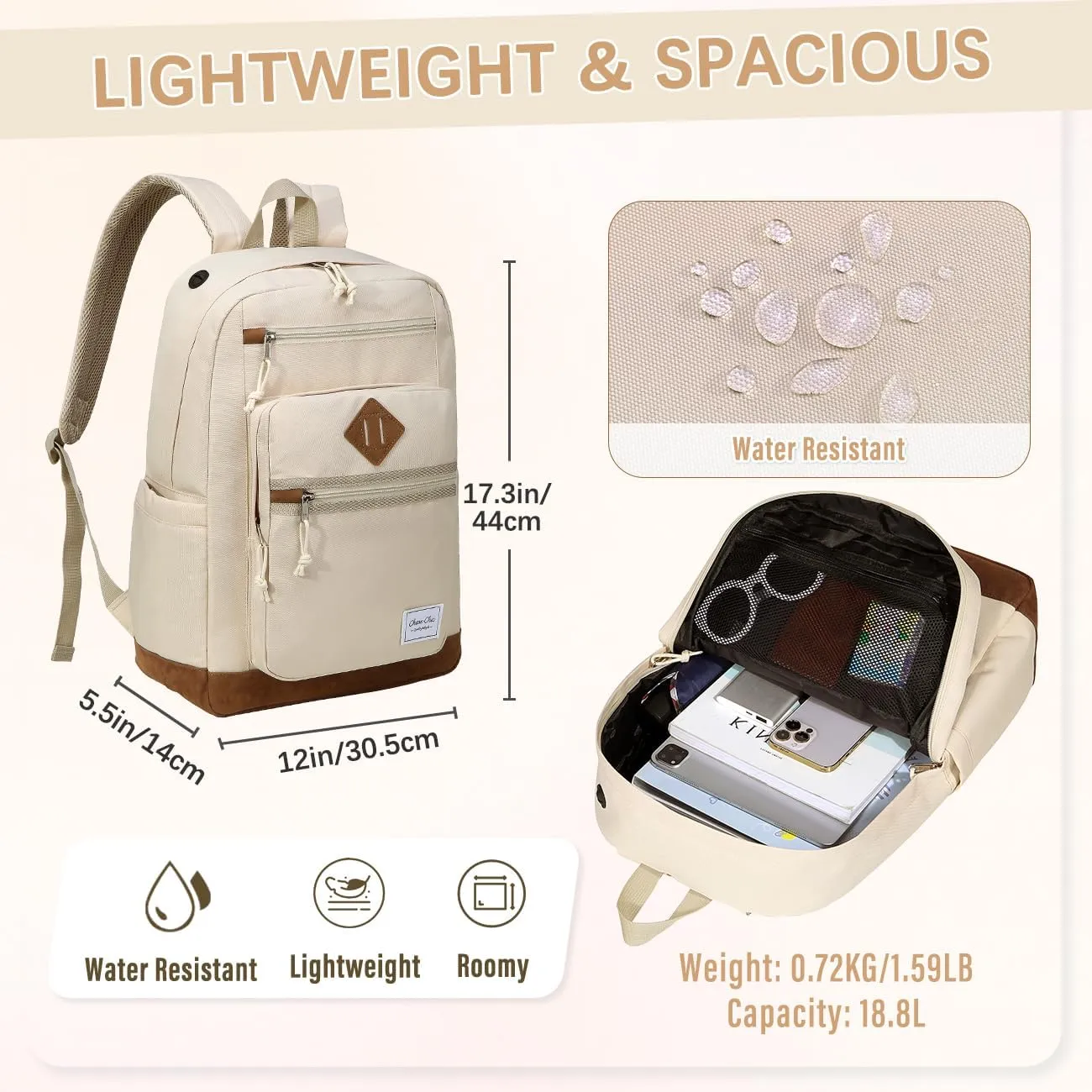 Chase Chic School Backpack for Men Women,Water Resistant Bookbag/Schoolbag/Daypack for Teen Boys Girls High School,College,Work,Travel Beige
