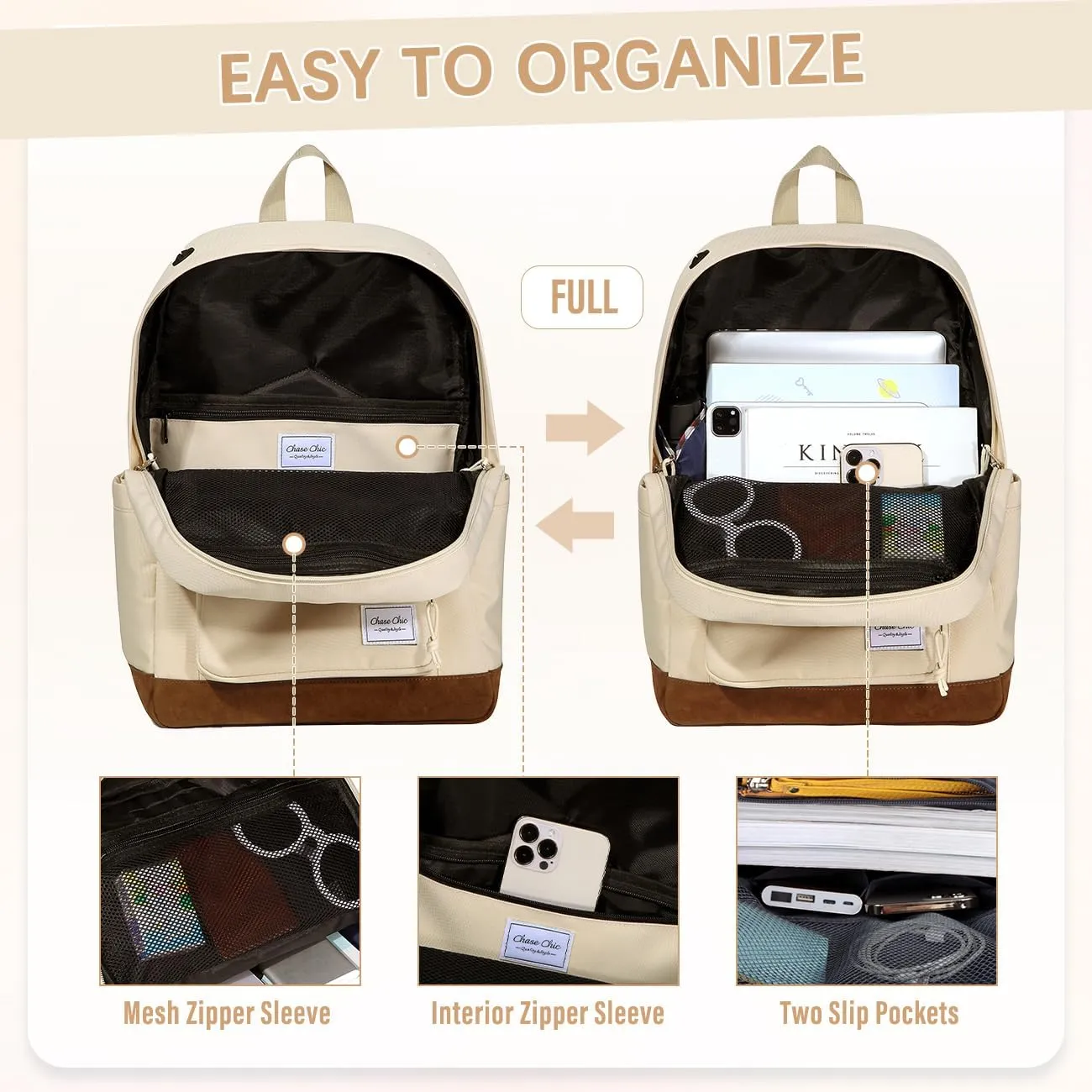 Chase Chic School Backpack for Men Women,Water Resistant Bookbag/Schoolbag/Daypack for Teen Boys Girls High School,College,Work,Travel Beige