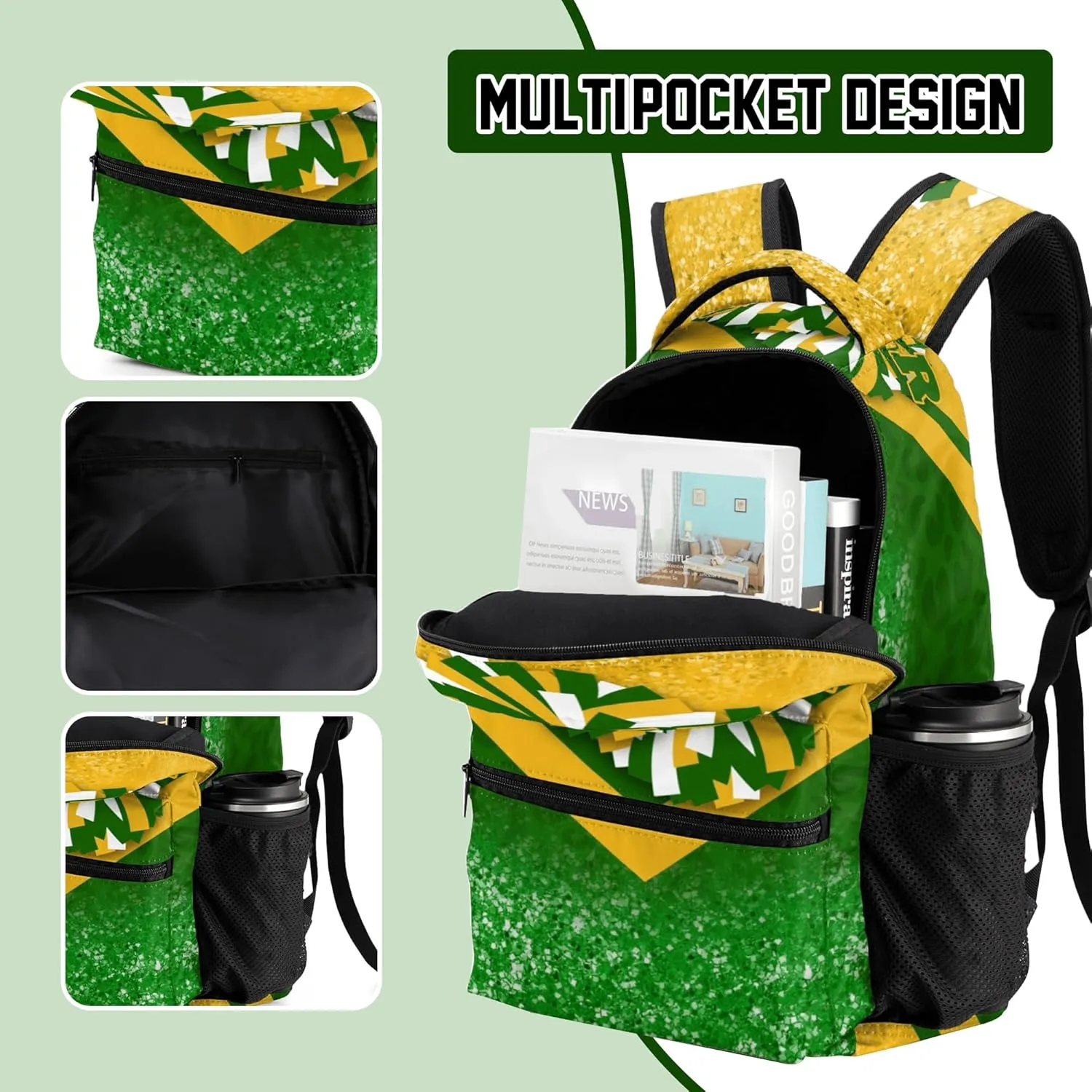 Cheer Backpacks for Cheerleaders, Cheerleading Backpack 16.5in, Cheerleader Gifts for Team (Gold&Green)