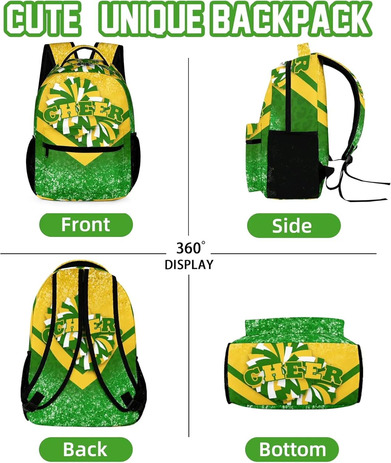 Cheer Backpacks for Cheerleaders, Cheerleading Backpack 16.5in, Cheerleader Gifts for Team (Gold&Green)