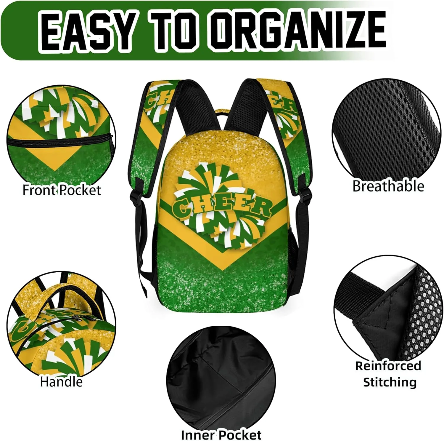 Cheer Backpacks for Cheerleaders, Cheerleading Backpack 16.5in, Cheerleader Gifts for Team (Gold&Green)