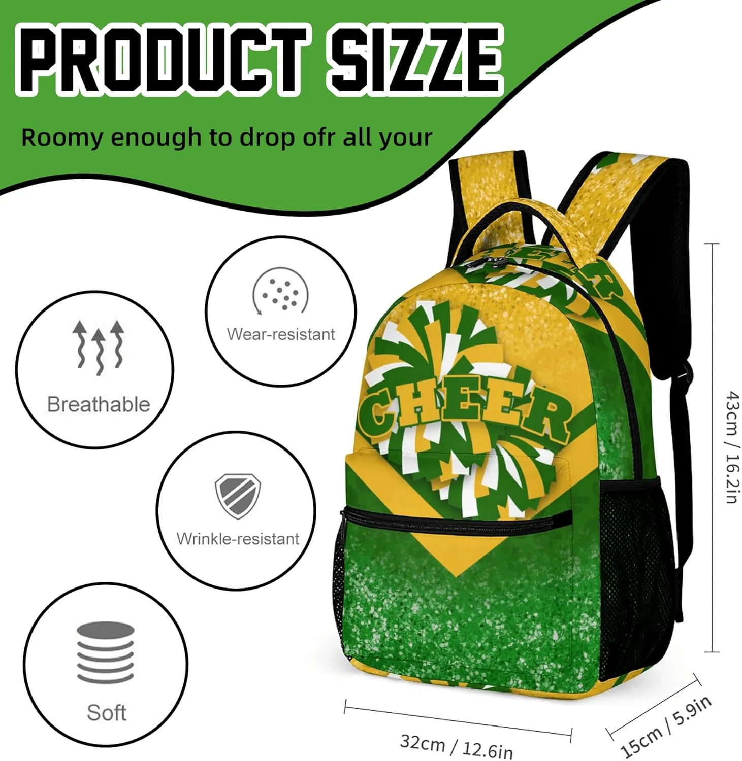Cheer Backpacks for Cheerleaders, Cheerleading Backpack 16.5in, Cheerleader Gifts for Team (Gold&Green)