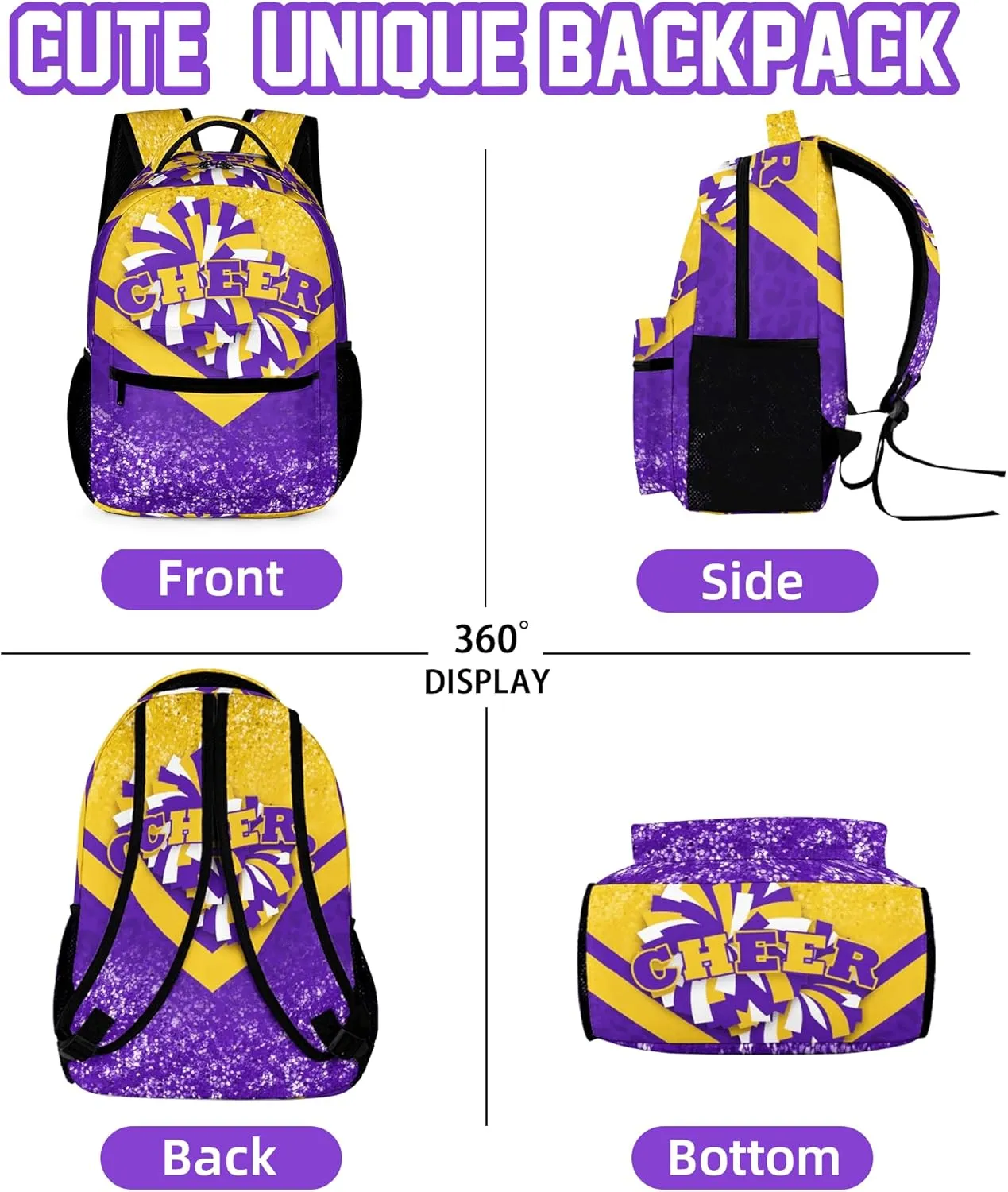 Cheer Backpacks for Cheerleaders, Cheerleading Backpack 16.5in, Cheerleader Gifts for Team (Gold&Purple)