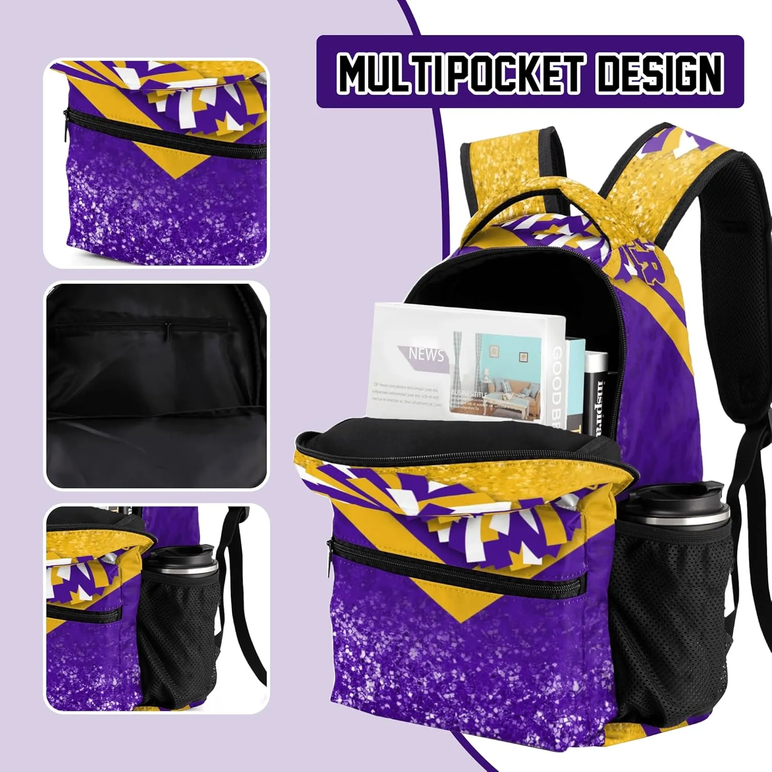Cheer Backpacks for Cheerleaders, Cheerleading Backpack 16.5in, Cheerleader Gifts for Team (Gold&Purple)