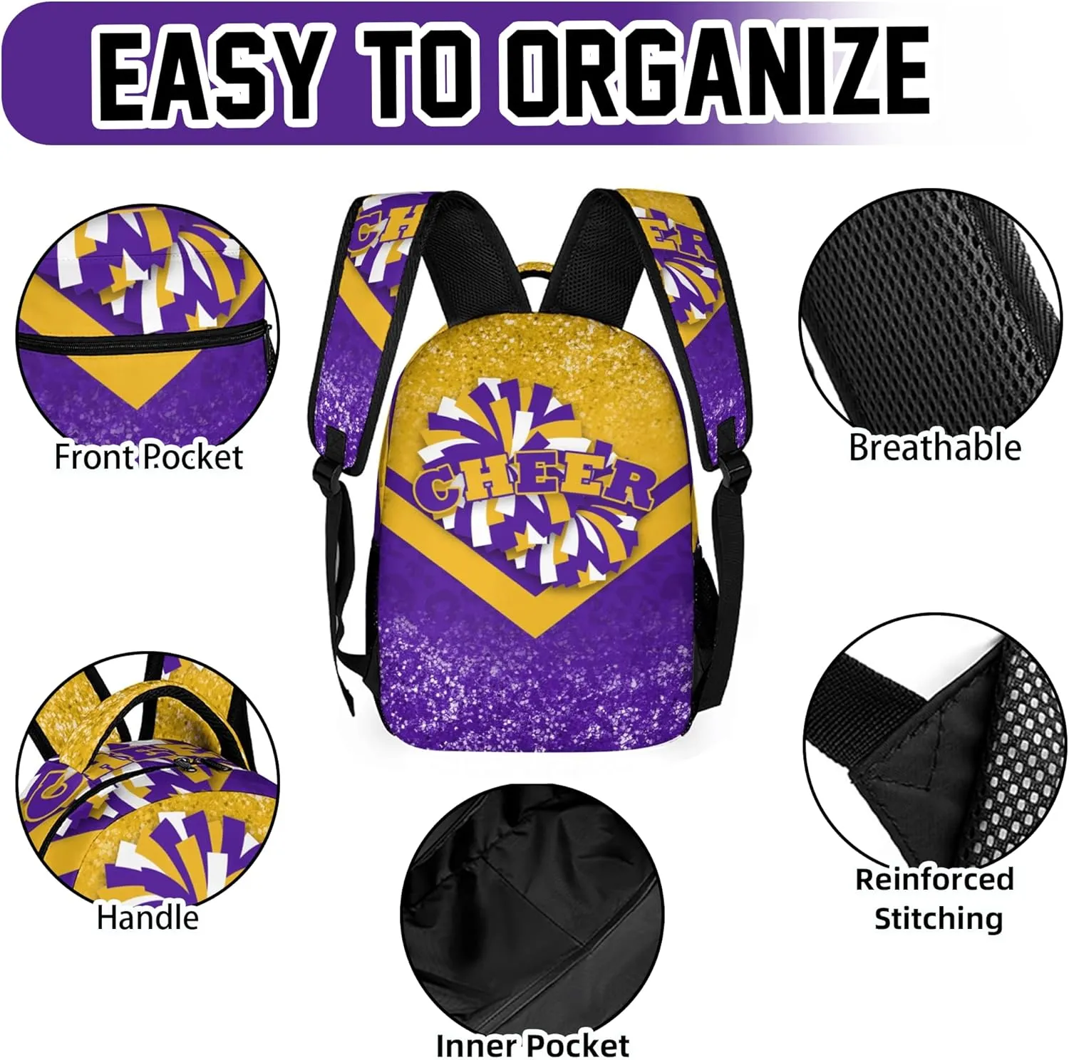 Cheer Backpacks for Cheerleaders, Cheerleading Backpack 16.5in, Cheerleader Gifts for Team (Gold&Purple)