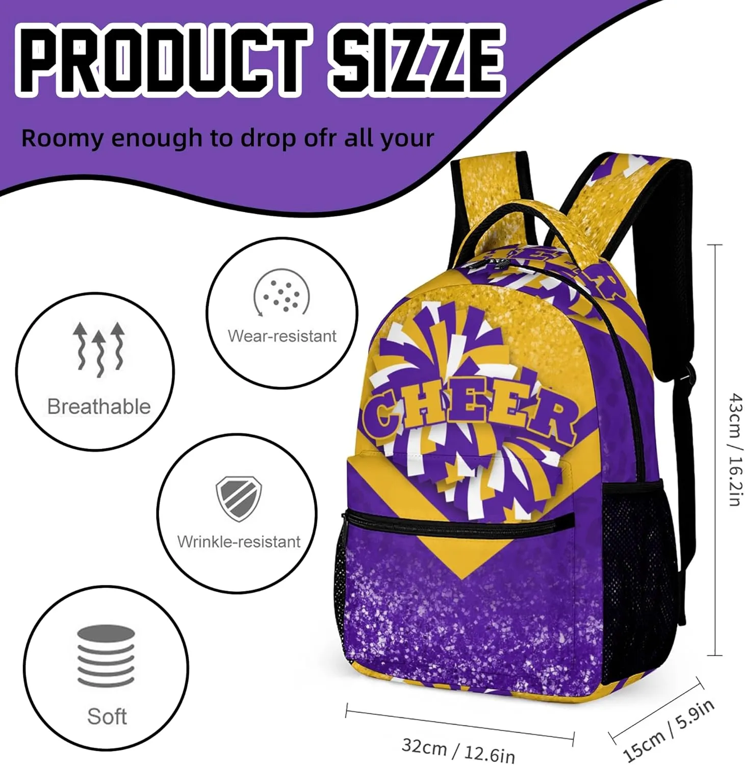 Cheer Backpacks for Cheerleaders, Cheerleading Backpack 16.5in, Cheerleader Gifts for Team (Gold&Purple)