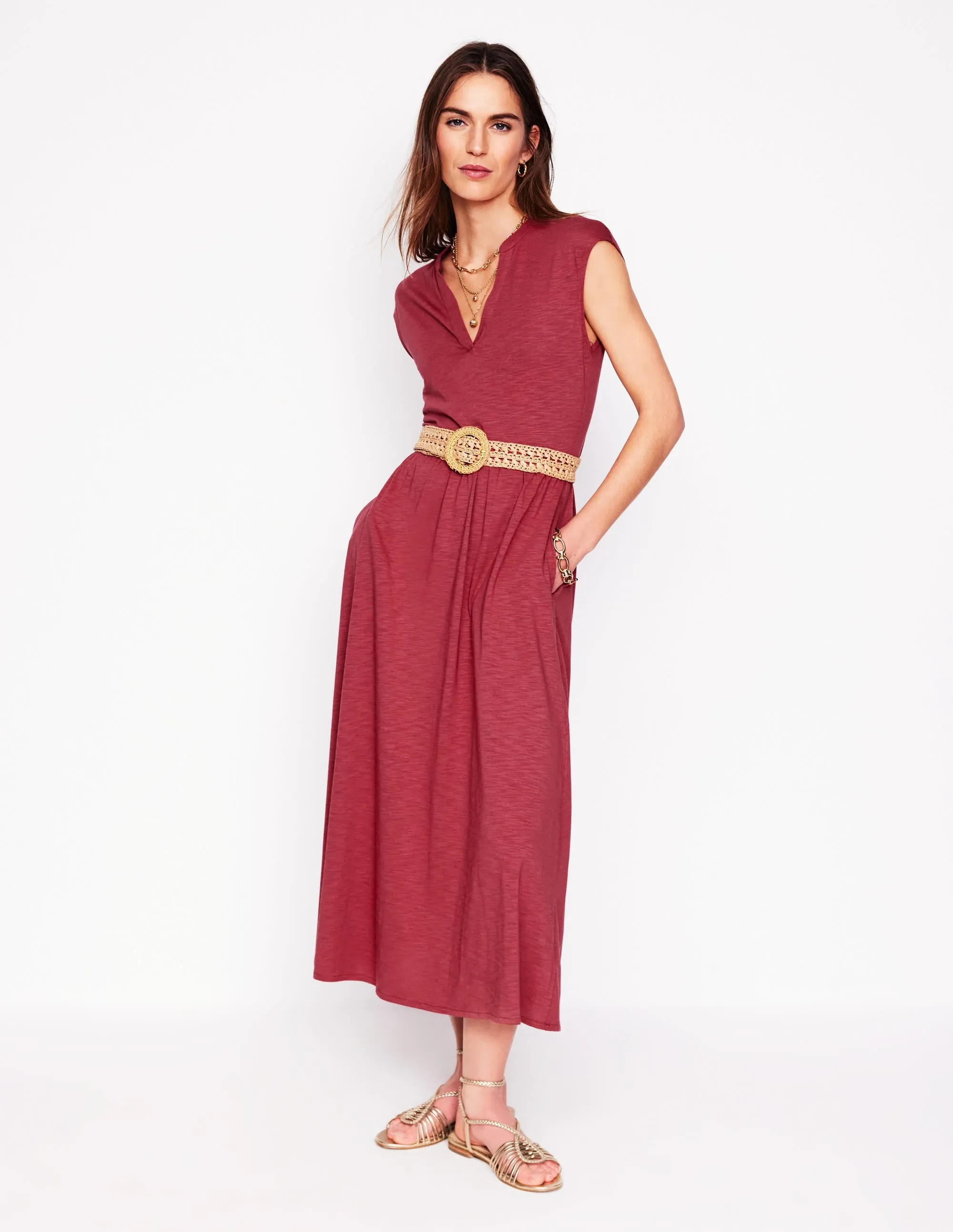 Chloe Jersey Midi Dress-Terracotta Red