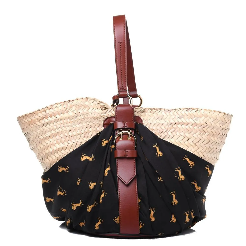 Chloe Raffia Calfskin Horse-Print Panier Basket Bag