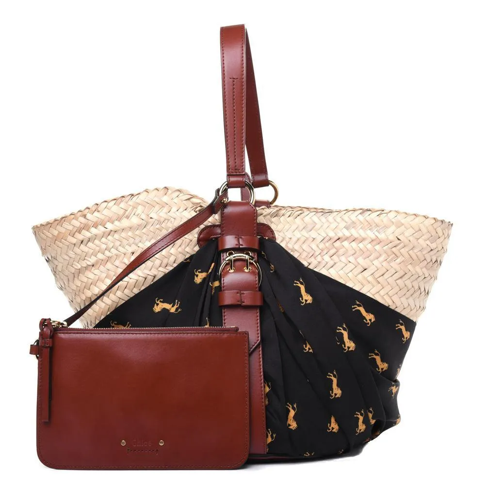 Chloe Raffia Calfskin Horse-Print Panier Basket Bag